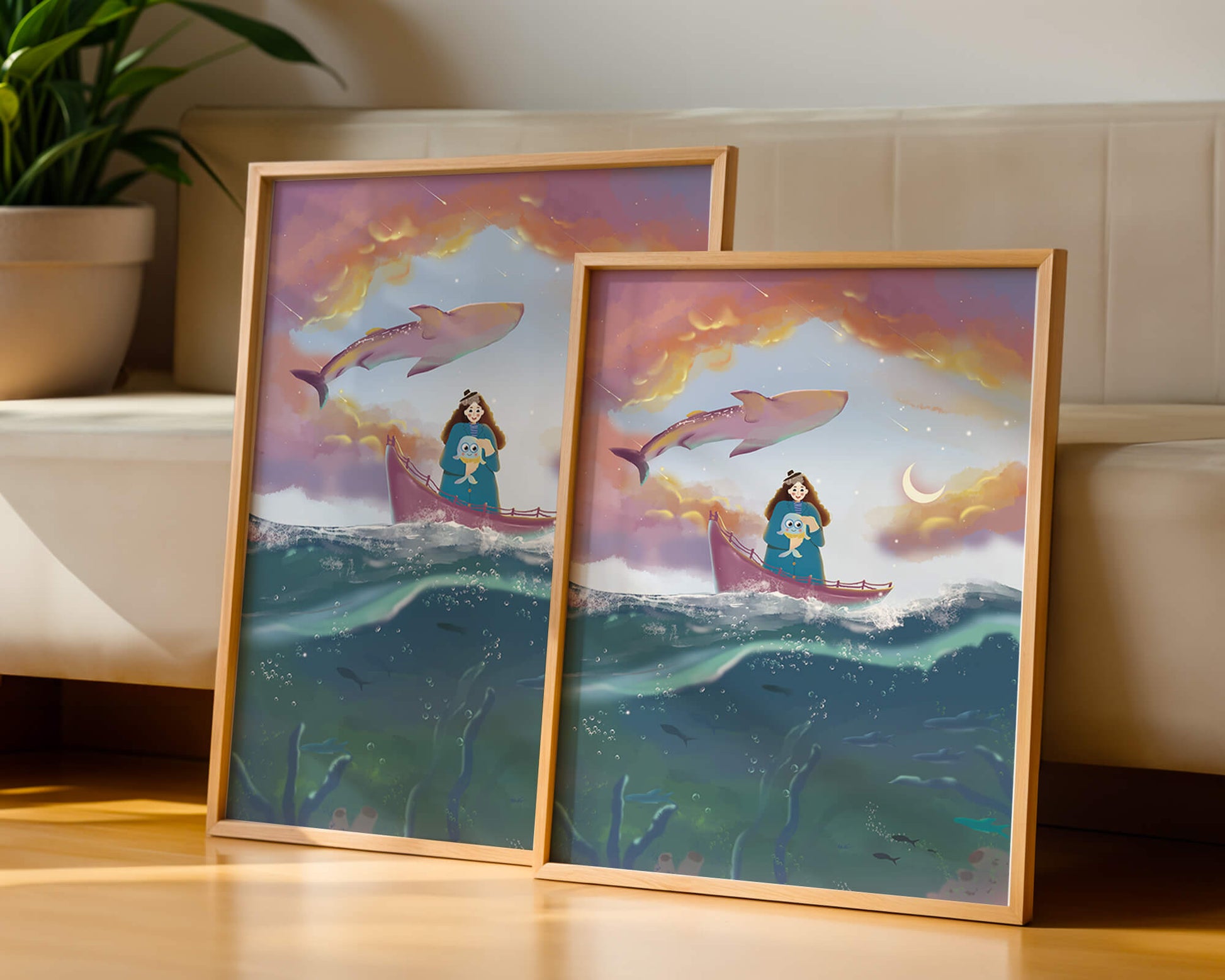Whimsical illustration of a girl on a boat with a flying whale