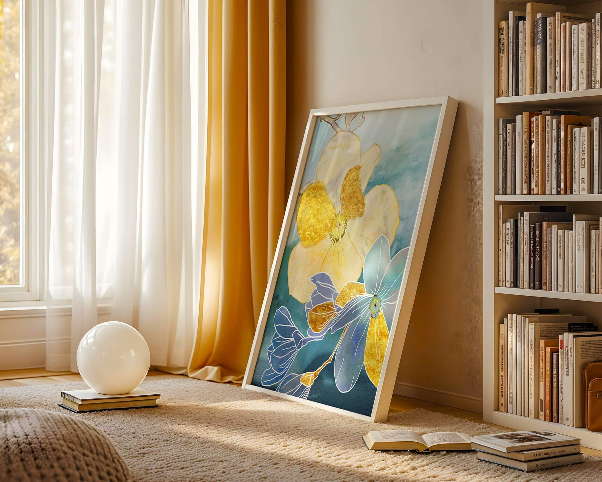 Arte floral abstracto con detalles dorados y tonos azules