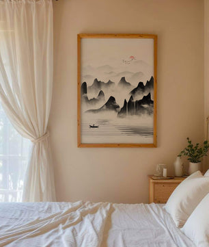 Peaceful mountain landscape with mist and rising sun