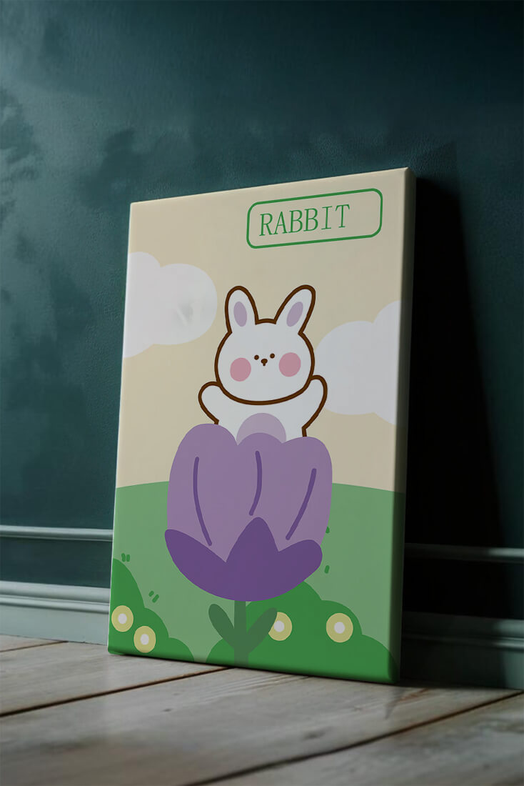 Ilustración caprichosa de un conejo adorable en una flor con colores pastel