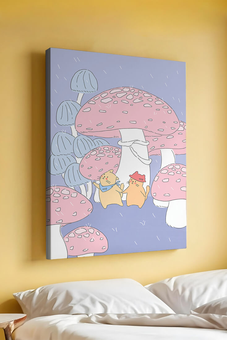 Charming illustration of cats among whimsical mushrooms