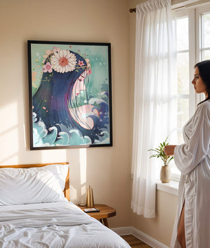 Illustration of a serene woman with floral crown and ocean waves