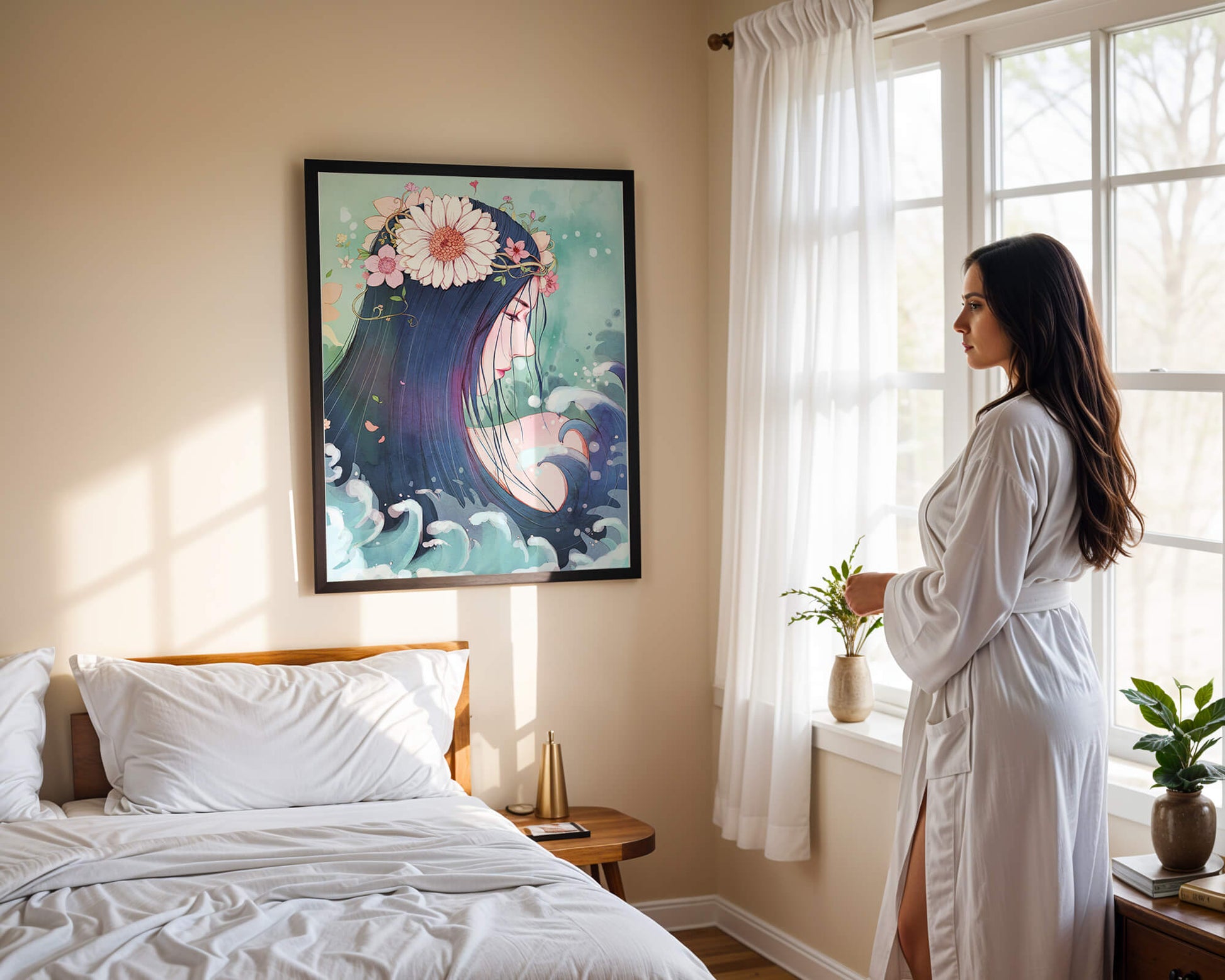 Illustration of a serene woman with floral crown and ocean waves
