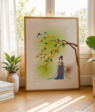 Traditional Chinese painting featuring a woman with flowers and butterflies