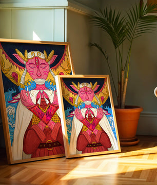 Surreal illustration of a mystical creature with golden horns and vibrant elements