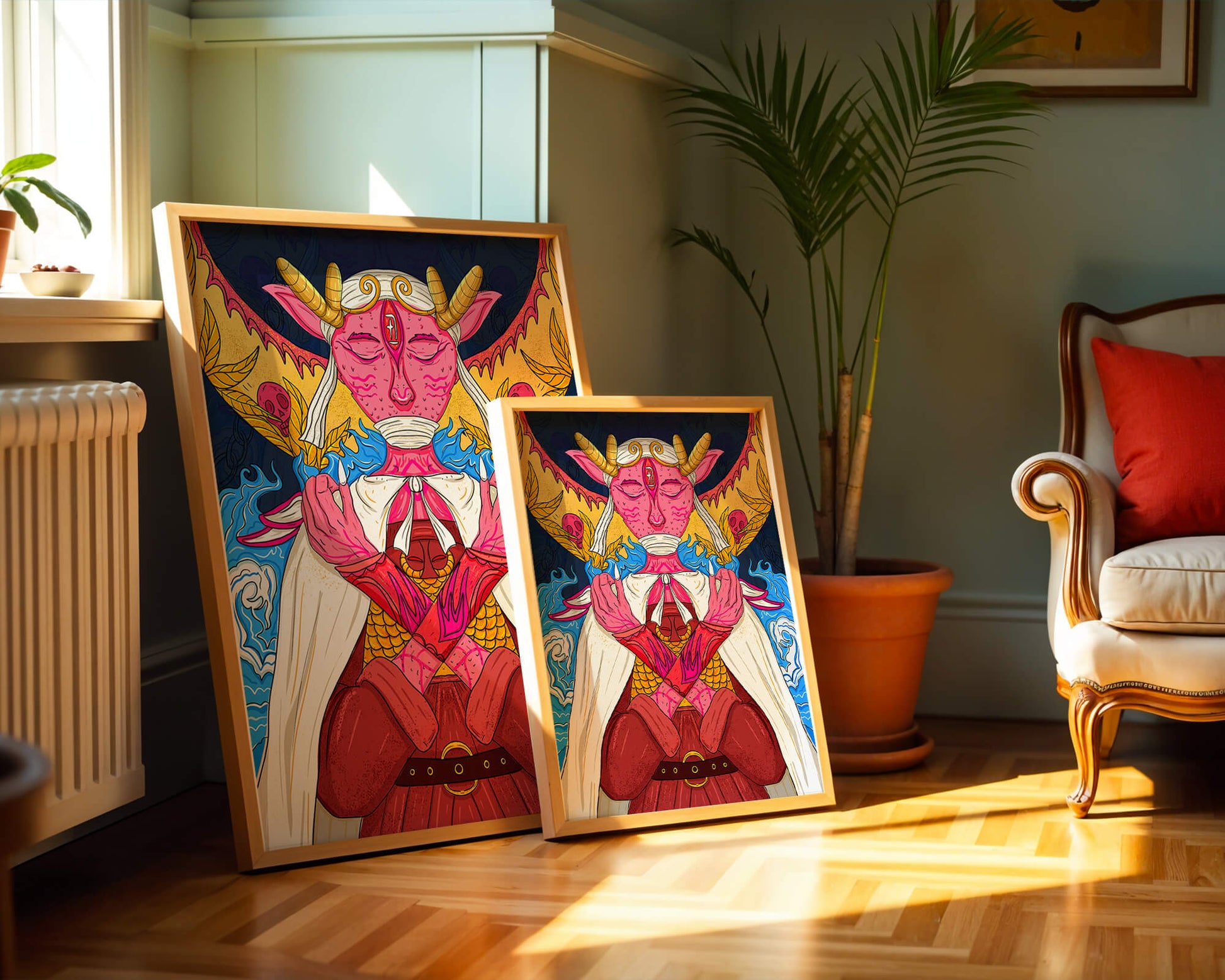 Surreal illustration of a mystical creature with golden horns and vibrant elements