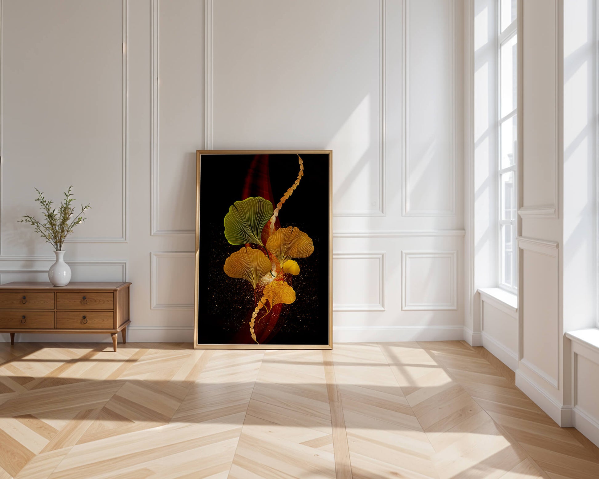 Art abstrait floral avec des feuilles de gingko dorées et un fond sombre