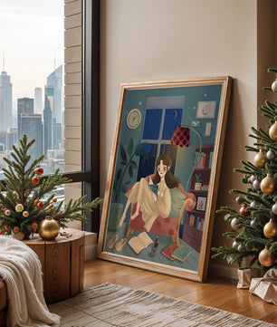 Cozy Nighttime Reading in a Living Room with Moonlit Window