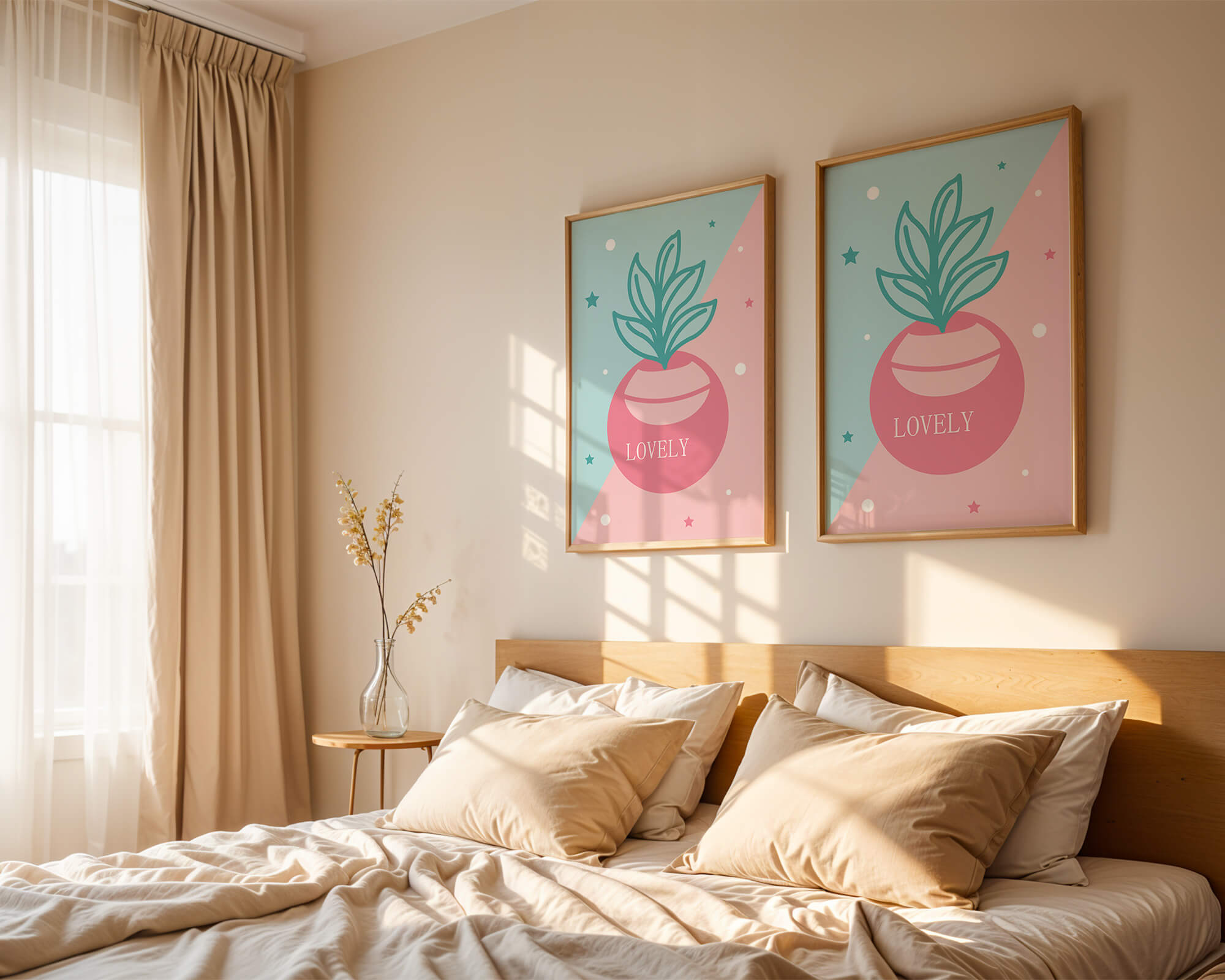 Playful pastel illustration with plant motif and stars