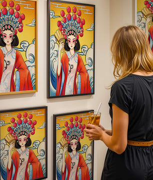 Eine elegante Darstellung asiatischer Kunst mit traditioneller Kleidung und kunstvollem Kopfschmuck