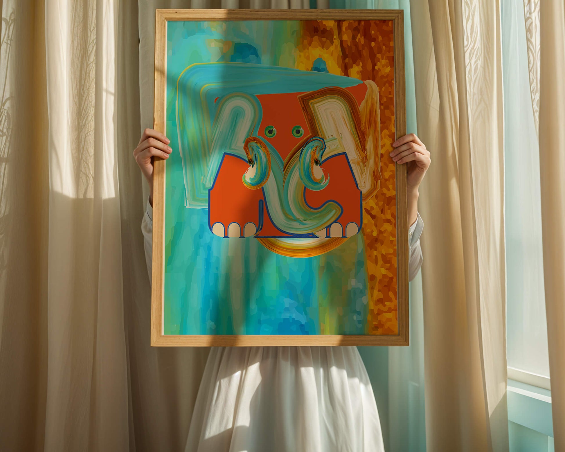 Pintura abstracta colorida de un elefante con tonos vibrantes y pinceladas artísticas.