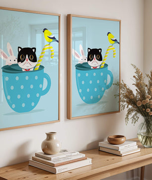 Playful illustration of cat, rabbit, and bird in a teacup