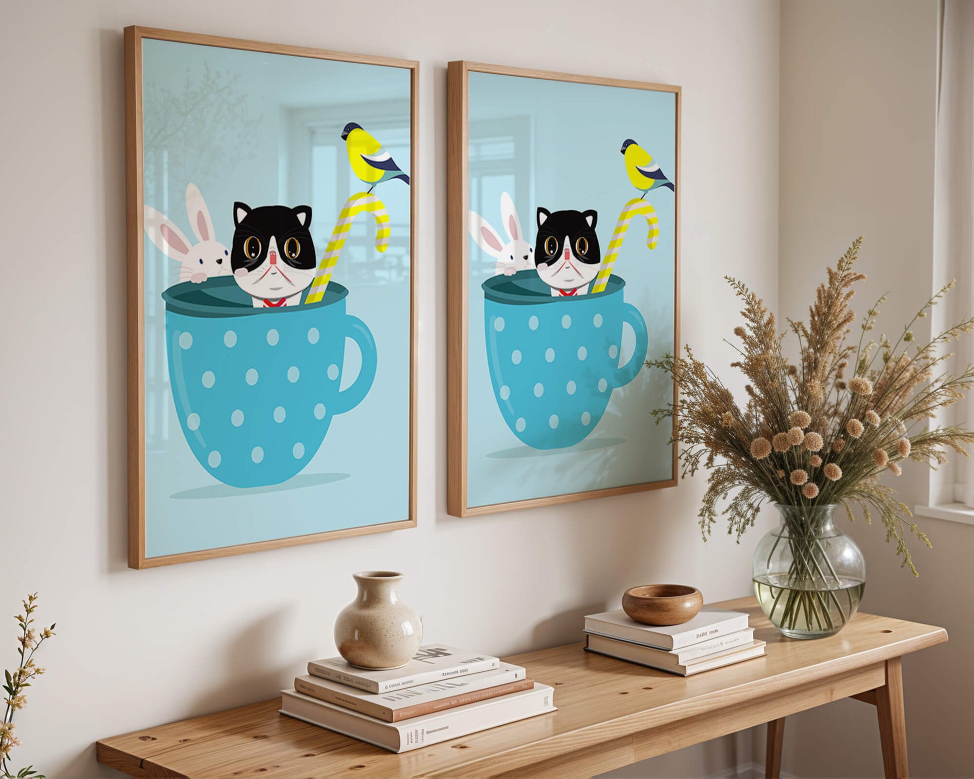 Ilustración lúdica de un gato, un conejo y un pájaro en una taza de té.