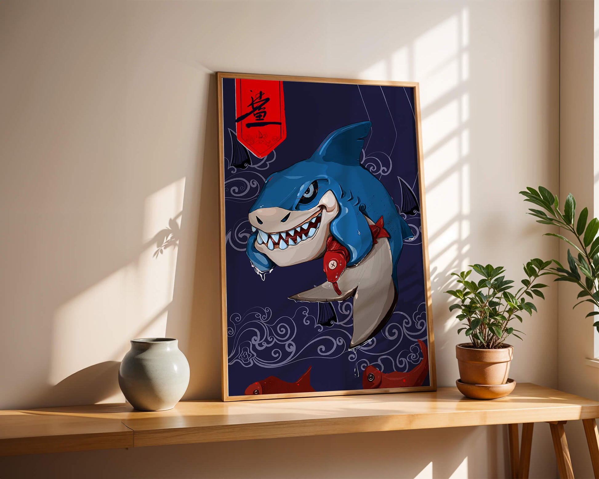 Playful illustration of a cartoon shark with nautical elements