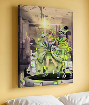 Chica de anime futurista con aura verde y compañeros robóticos en un paisaje urbano de ciencia ficción