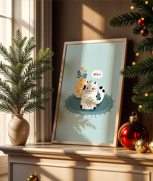 Cute illustration of a cat and flowers on a rug with a speech bubble