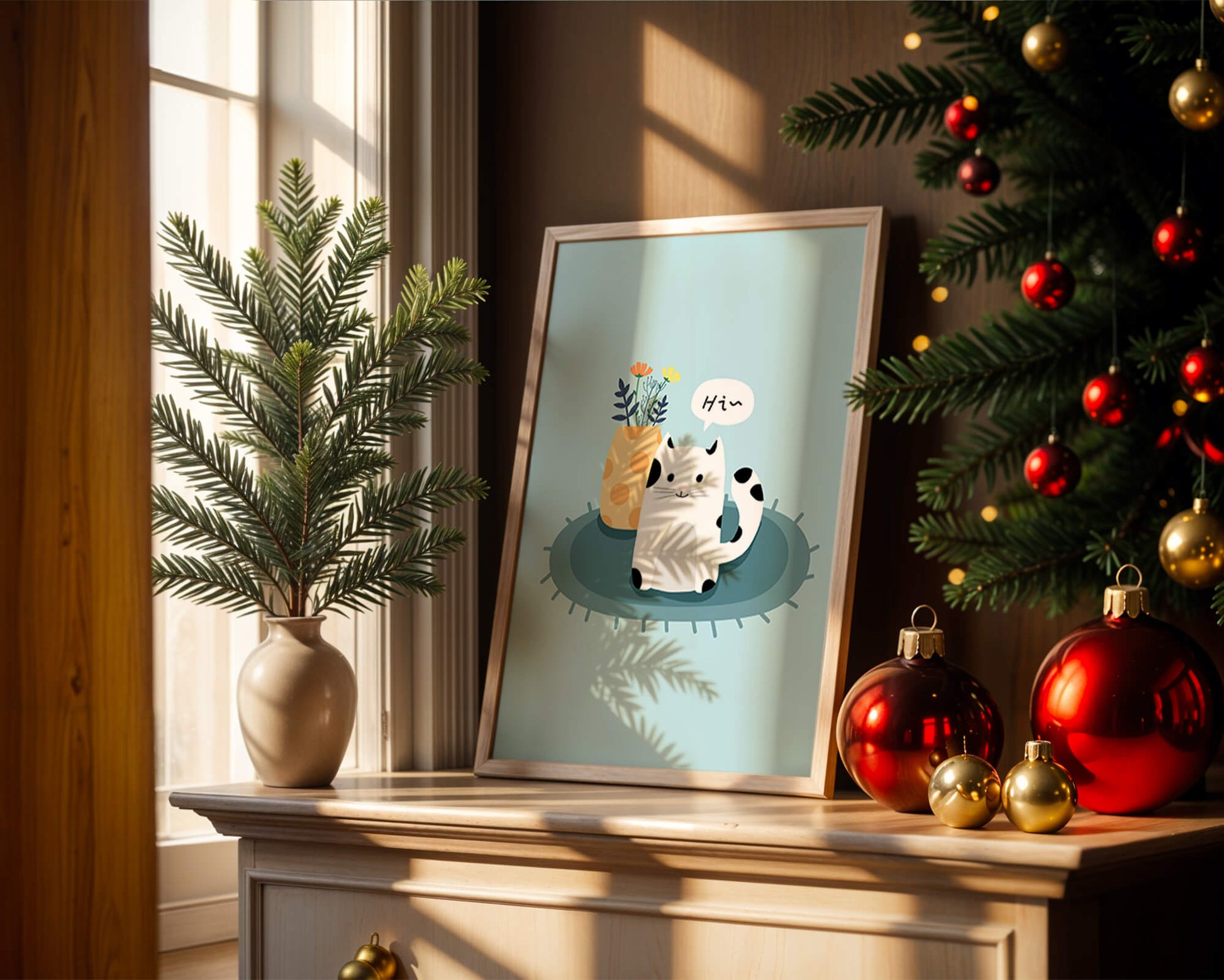 Cute illustration of a cat and flowers on a rug with a speech bubble
