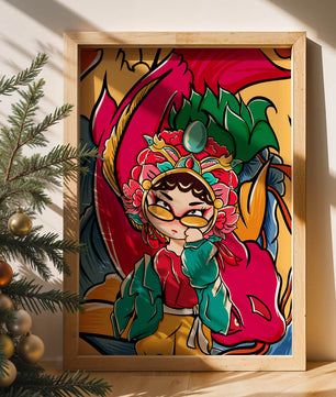 Vibrant illustration featuring a character in traditional costume with dragon elements