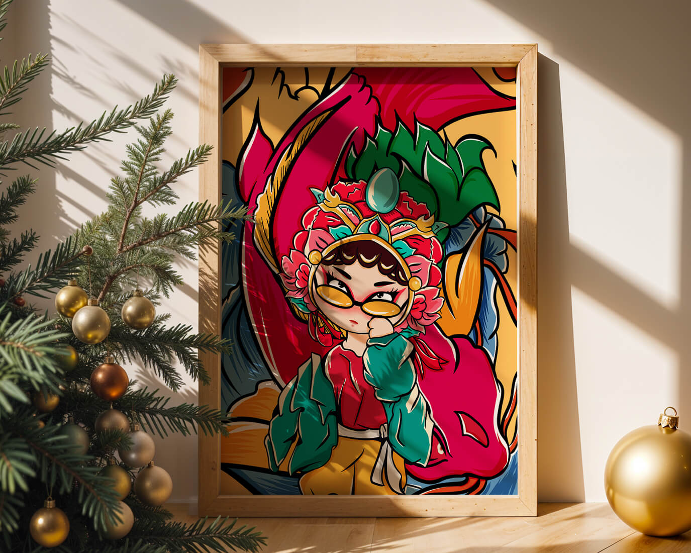 Vibrant illustration featuring a character in traditional costume with dragon elements