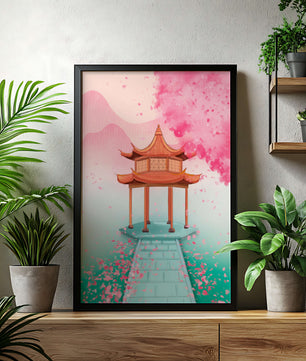 Traditioneller asiatischer Pavillon, umgeben von Kirschblüten