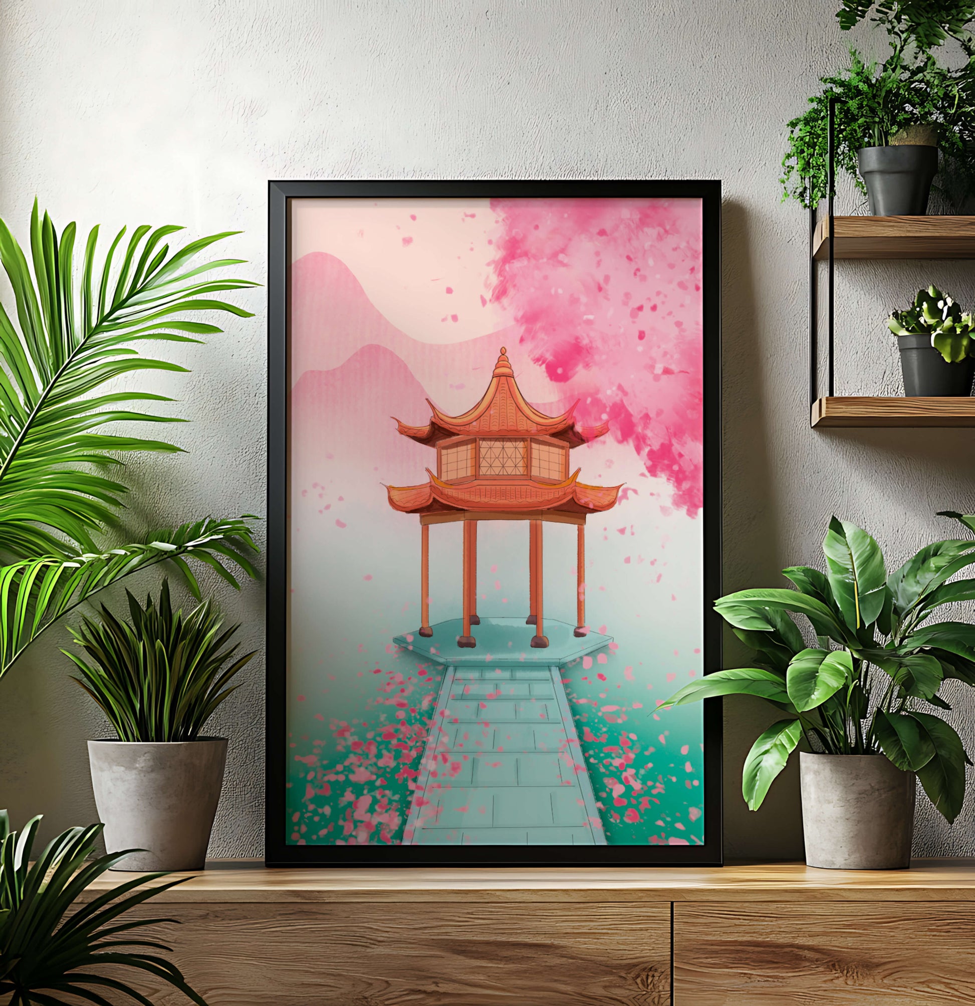 Traditional Asian gazebo surrounded by cherry blossoms