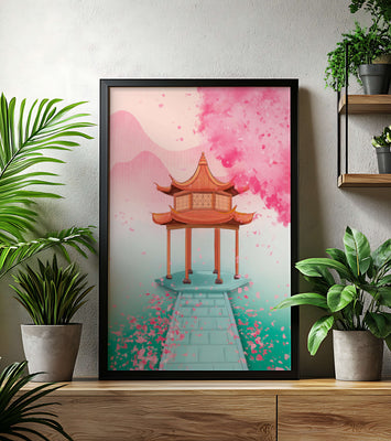 Traditional Asian gazebo surrounded by cherry blossoms