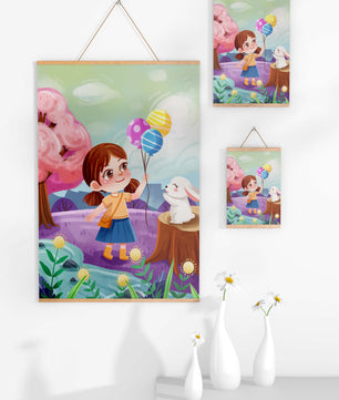 Charming Landscape with Girl Holding Balloons and White Bunny in Enchanted Forest