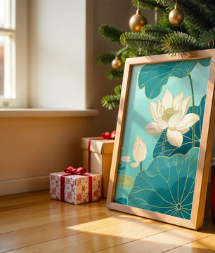 Lotus Flowers with Golden Accents on Aqua Background