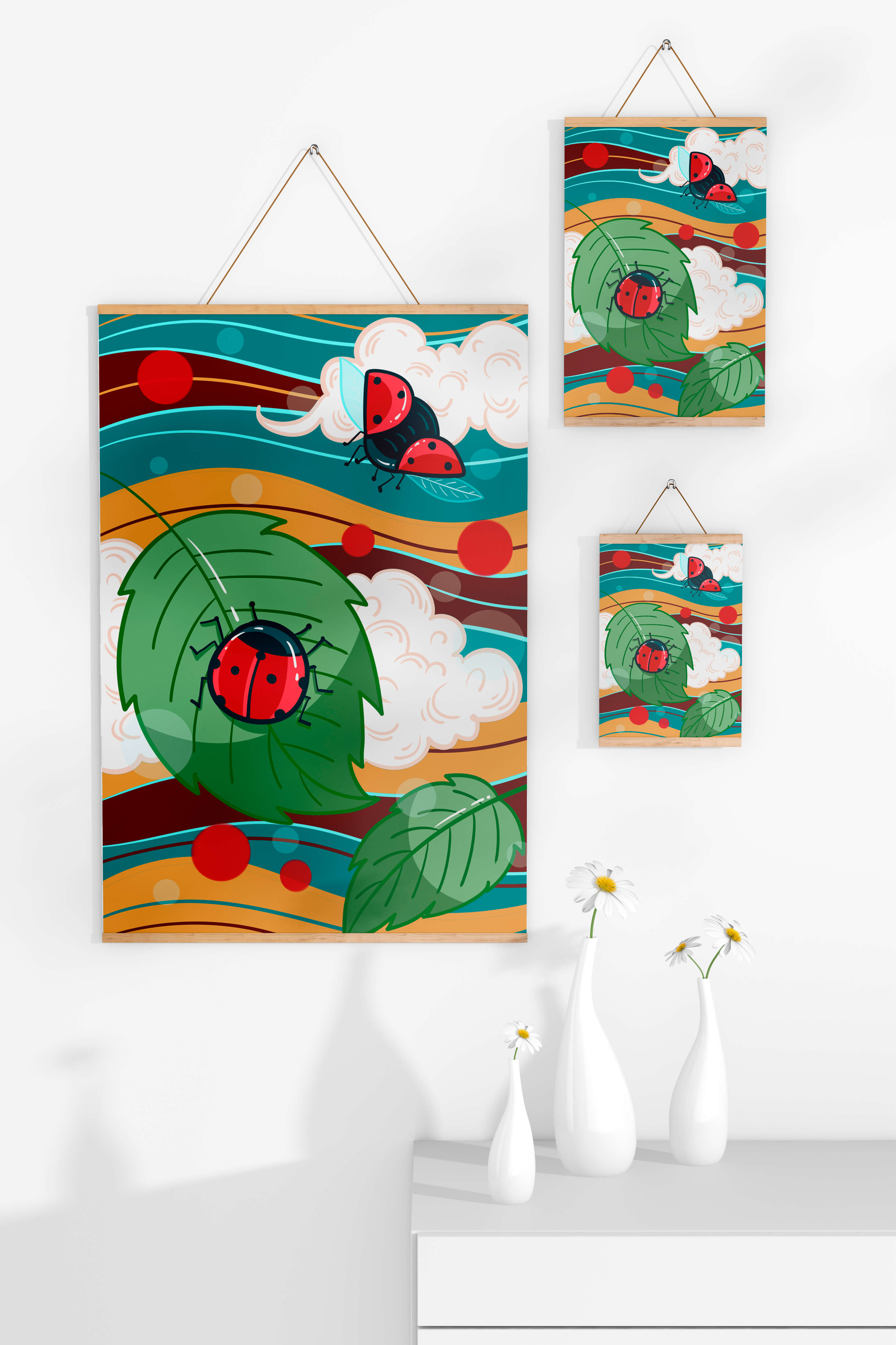 Colorful illustration of ladybugs in a whimsical natural setting