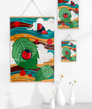 Ilustración colorida de mariquitas en un entorno natural caprichoso