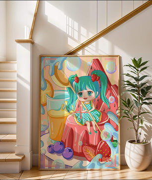 Scène de dessert fantaisiste avec un personnage mignon et des couleurs vives