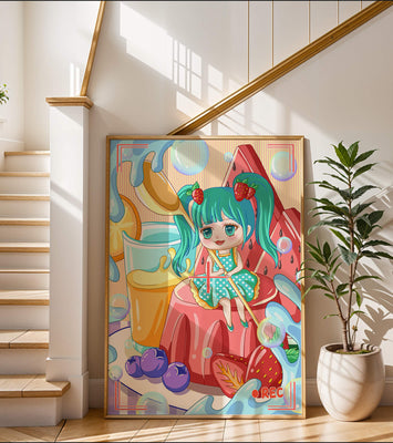 Whimsical dessert scene with cute character and vibrant colors