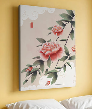 Oriental floral illustration with pink peonies and calligraphy