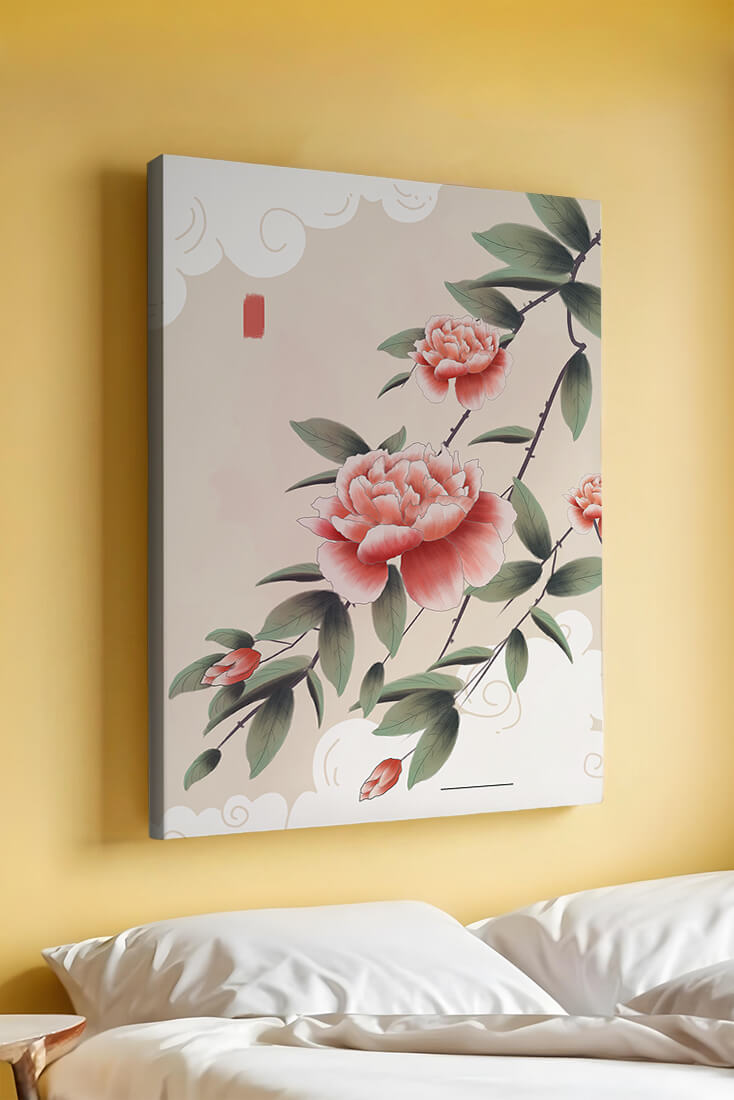 Oriental floral illustration with pink peonies and calligraphy