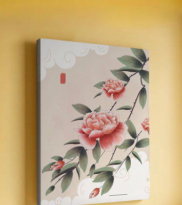 Oriental floral illustration with pink peonies and calligraphy