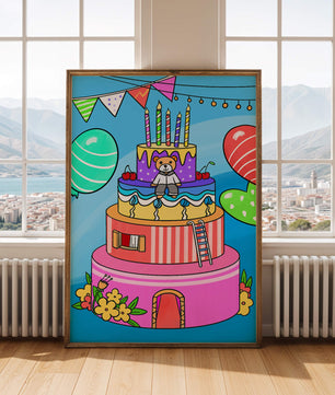 Colorful birthday cake with teddy bear and festive decorations