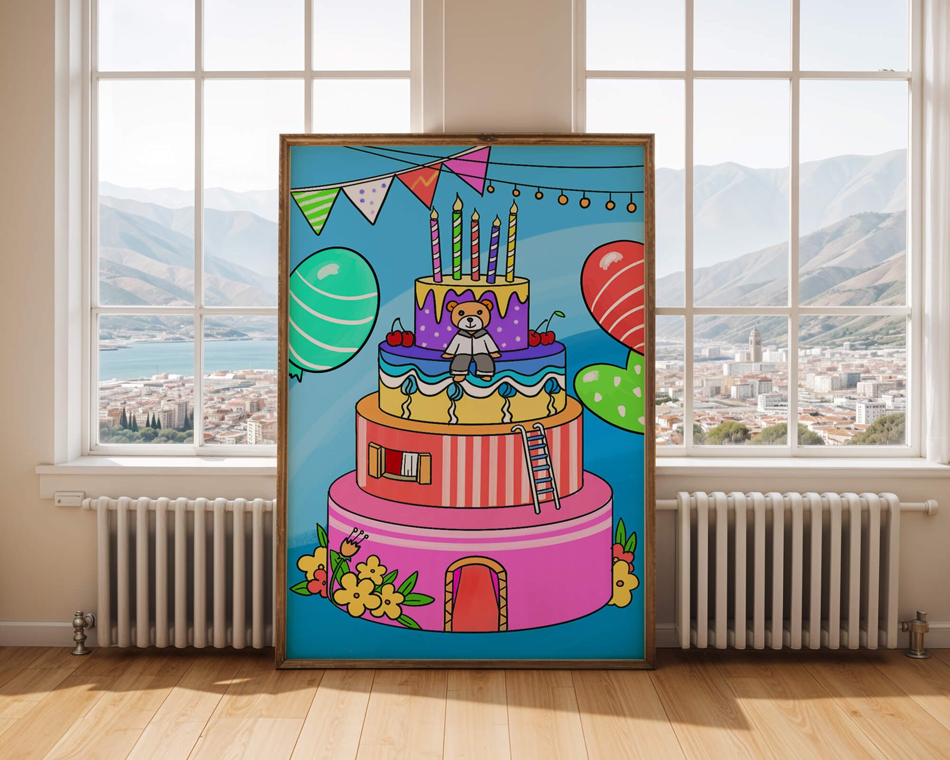 Colorful birthday cake with teddy bear and festive decorations