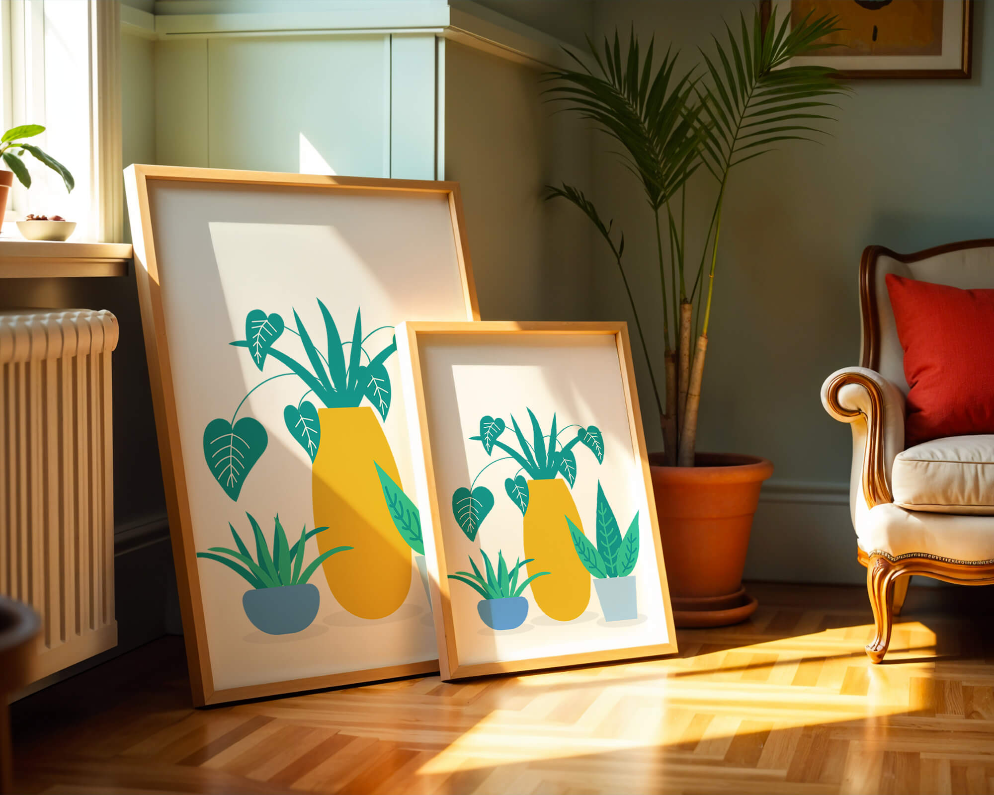 Illustration of colorful potted plants with a yellow vase