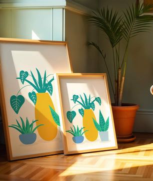 Illustration of colorful potted plants with a yellow vase