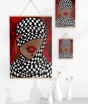 Abstract Art of Woman with Checkered Pattern and Red Lips - Mi tienda