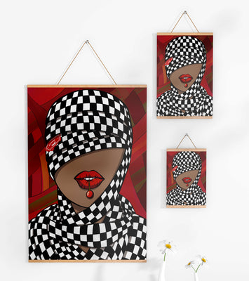 Abstract Art of Woman with Checkered Pattern and Red Lips
