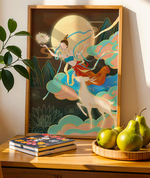 Ilustración serena de una mujer mística con ciervos en un paisaje iluminado por la luna