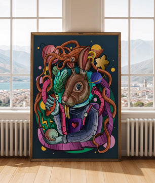 Ilustración abstracta colorida de un conejo en el espacio con pulpo, planetas y zanahoria