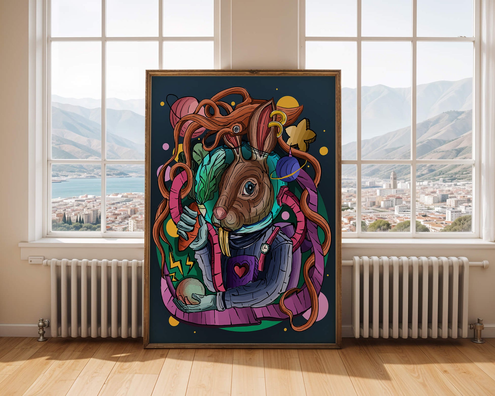 Ilustración abstracta colorida de un conejo en el espacio con pulpo, planetas y zanahoria.
