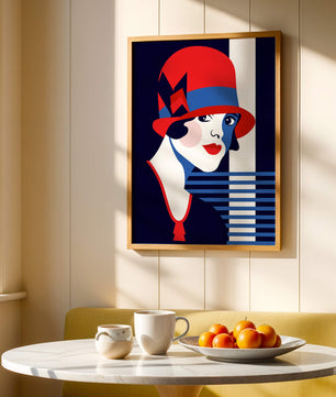 Femme élégante de style art déco avec chapeau cloche rouge et motifs géométriques