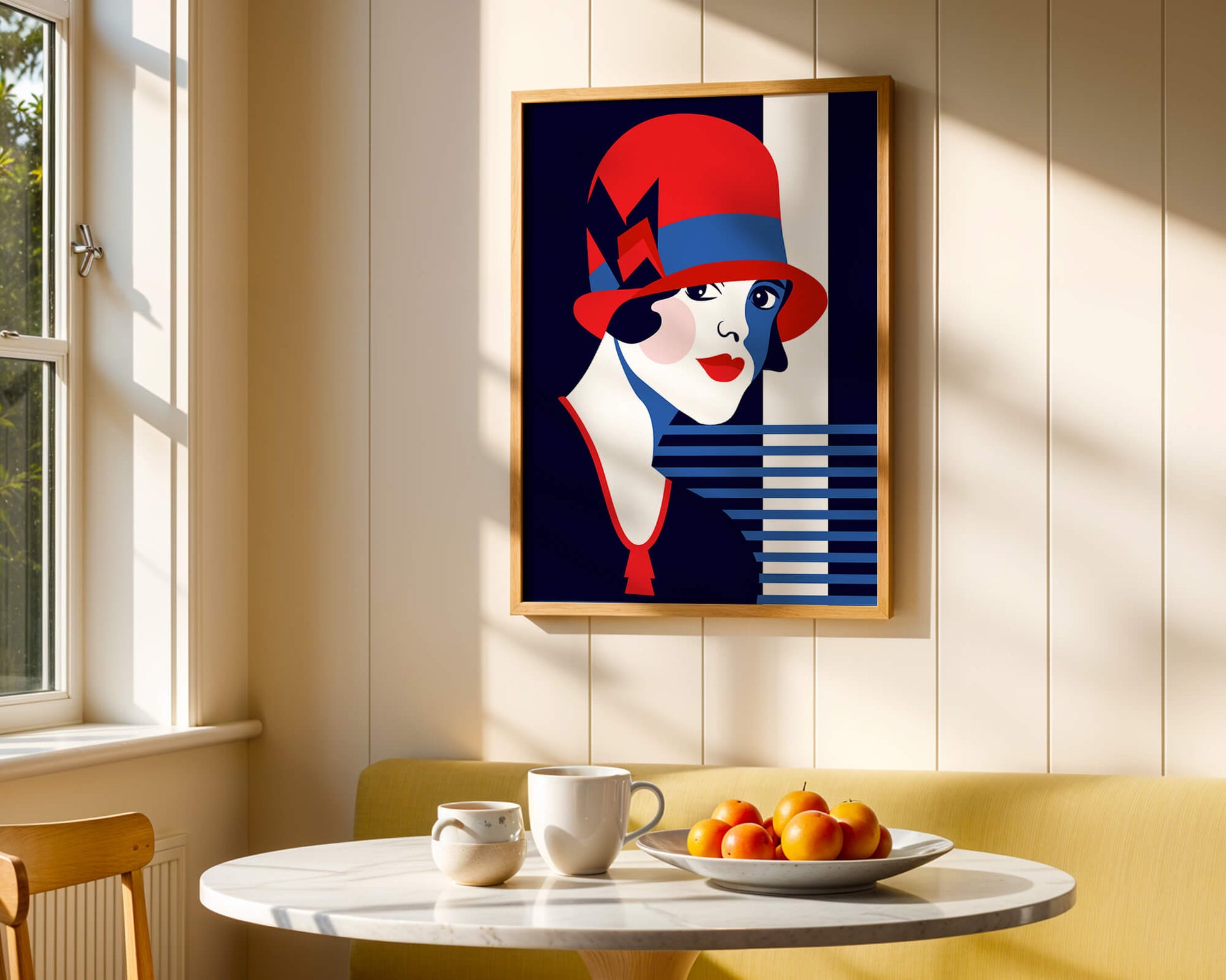 Elegante mujer de estilo art déco con sombrero cloche rojo y patrones geométricos.