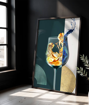 Fusión elegante de líquidos en una copa de vino con elementos dorados y azules