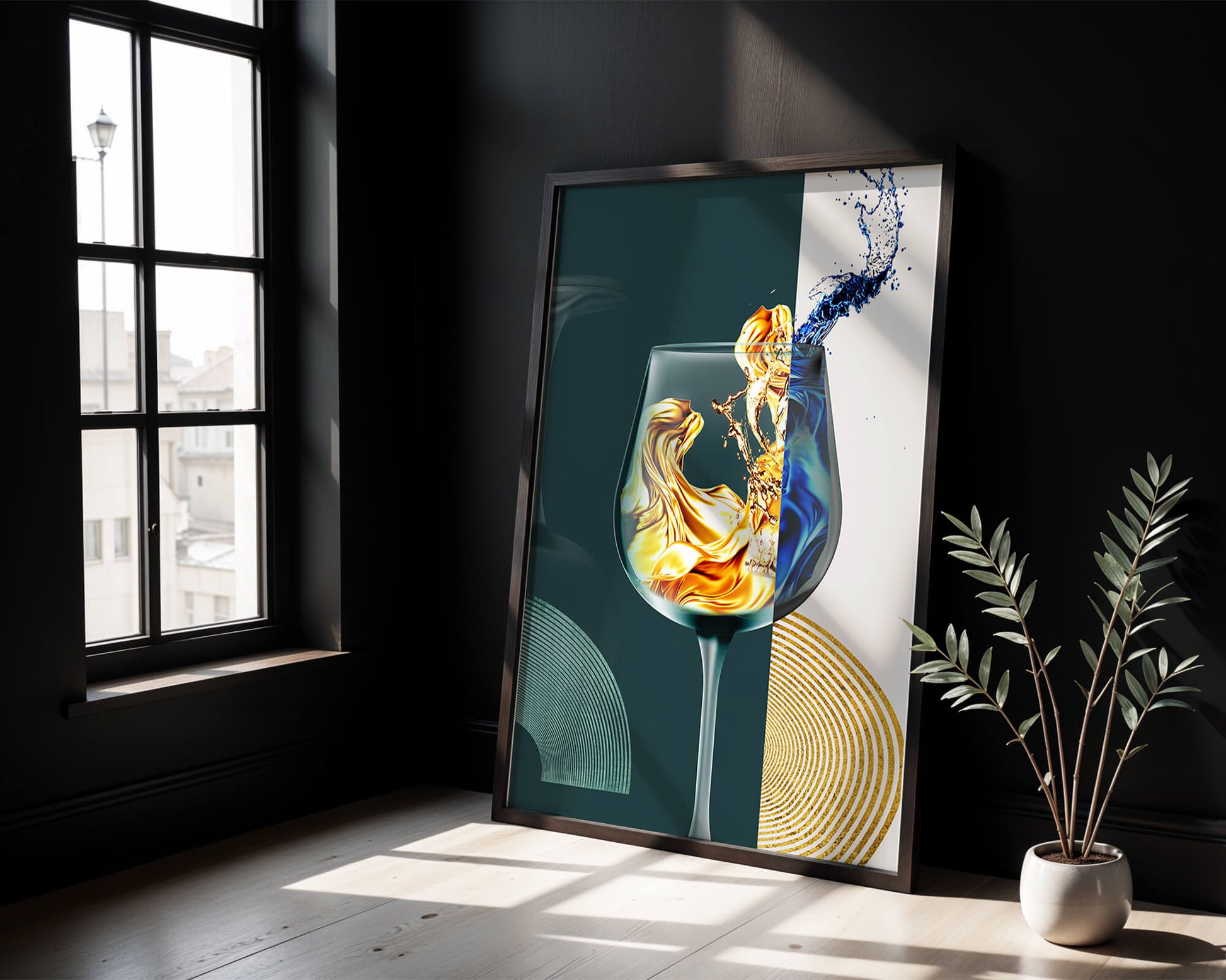 Fusión elegante de líquidos en una copa de vino con elementos dorados y azules