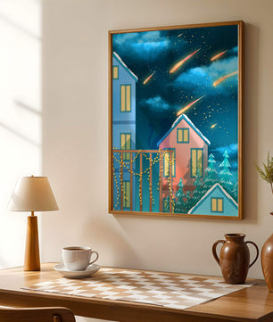Winter Night Scene with Falling Meteors and Snow-Covered Houses