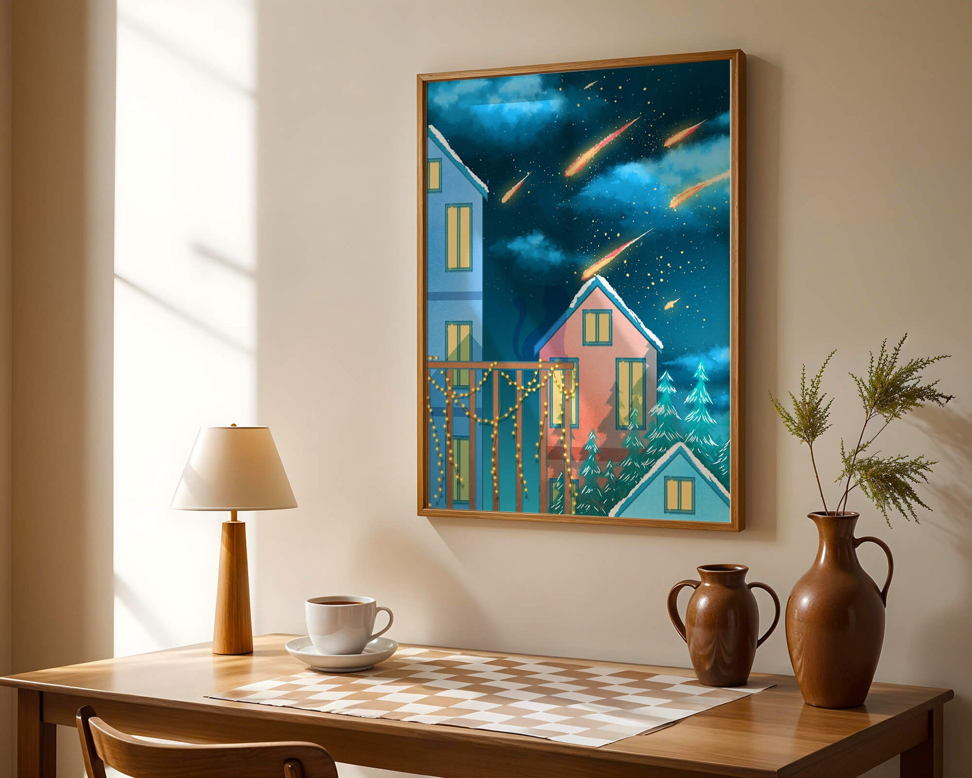 Winter Night Scene with Falling Meteors and Snow-Covered Houses